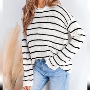 NWT Cupshe White & Black Striped Thin Round Neck Knit Sweater